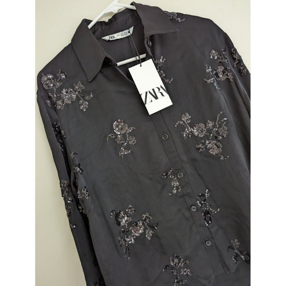 ZARA FLORAL SEQUIN EMBROIDERED SHIRT BLACK XS,S,M,L - Picture 10 of 14